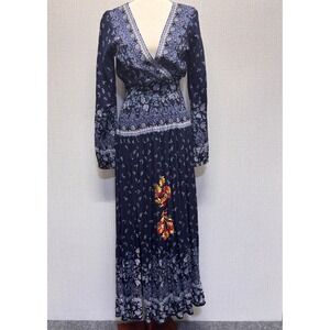 Raga Giovanna Maxi Dress Womens S Navy Blue Floral Paisley Boho Embroidered NEW